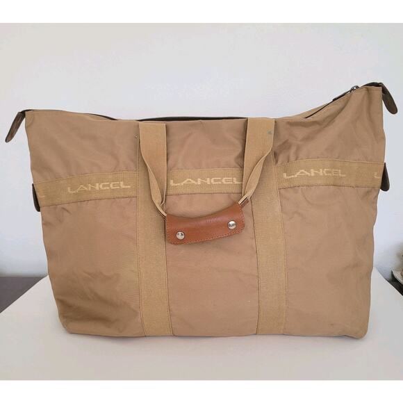 Lancel Paris Vintage Bag Duffle Handbag Zip XL Large Nylon Beige Designer Logo - Picture 2 of 11